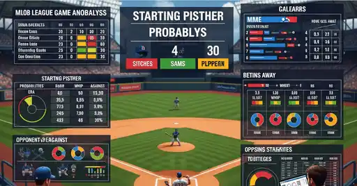 A digital scoreboard displaying baseball analytics, including Baseball Probable Pitchers stats, game conditions, opponent data, and strategic insights for analysis.